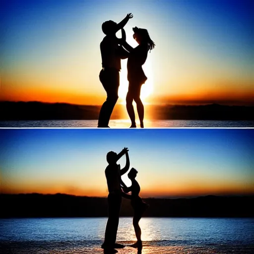 Prompt: couple dancing, sunset, cinematic, sun