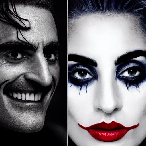 Image similar to detailed 4 k photorealistic lady gaga and joaquin phoenix talk each other, some detailed footage in next joker movie in the style of nick ut and eddie adams and margaret bourke and yousuf karshs and alfred eisenstaedt