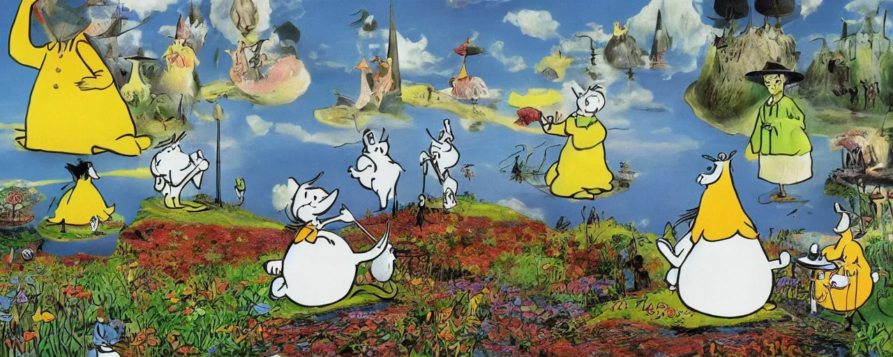 Prompt: the moomins in moominvalley, salvador dali painting, very detailed!, high quality, 4 k