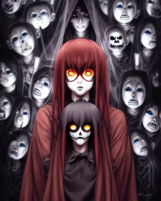 Prompt: spooky and creepypasta halloween night, symmetrical face, anime style, scenery wallpaper aesthetic, cinematic, dramatic, super detailed and intricate, hyper realistic, 4 k render, by artgerm, by kyoung hwan kim, by ralph mcquarrie, by yoshiyuki tomino