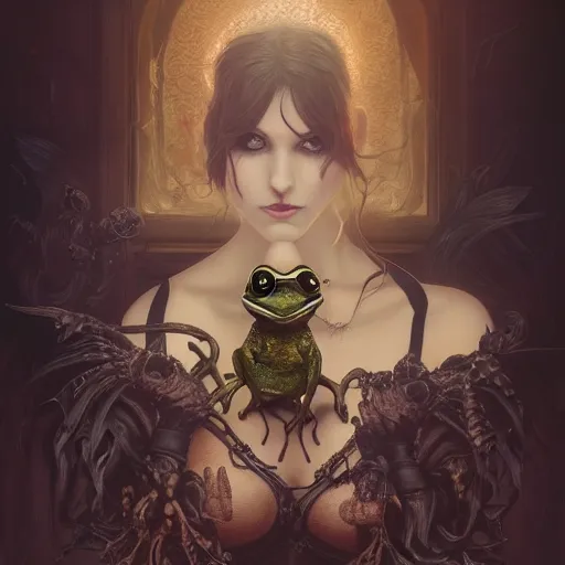 Prompt: attractive goth woman with a frog, intricate, highly detailed, digital painting, artstation, concept art, smooth, sharp focus, illustration, unreal engine 5, 8 k, art by artgerm and greg rutkowski and alphonse mucha