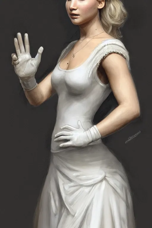 Prompt: Jennifer Lawrence as Queen wearing a White Dress, anatomy, only two hands, highly detailed, digital painting, artstation, concept art, smooth, sharp focus, illustration, Unreal Engine 5, 8K, art by art by artgerm and greg rutkowski and edgar maxence