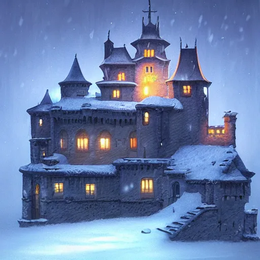 Prompt: Evil castle ,inspired by Evgeny Lushpin,George, greg rutkowski winter,nighttime,cinematic,art station