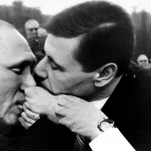 Image similar to vladimir putin kissing zelinsky with a nuclear explosion in the background