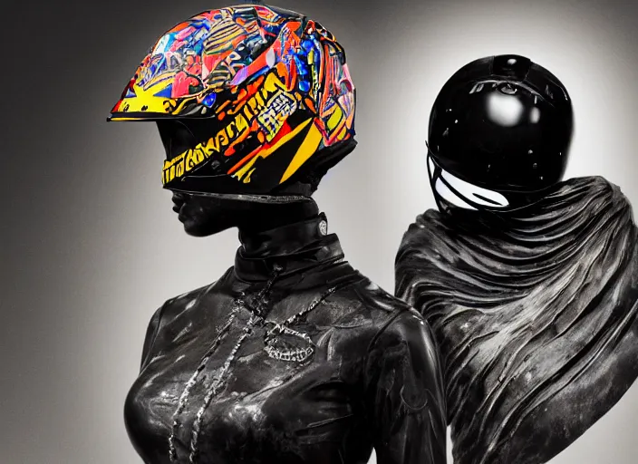Prompt: beautifully lit photo of a black marble statue of a woman with colorful motocross logos and a black motorcycle helmet with closed visor, carved marble statue, symmetrical, fine art, michaelangelo, vogue, in the style of virgil abloh, offwhite, matthew williams, denoise, highly detailed, arnold, maya, photoshop, lightroom