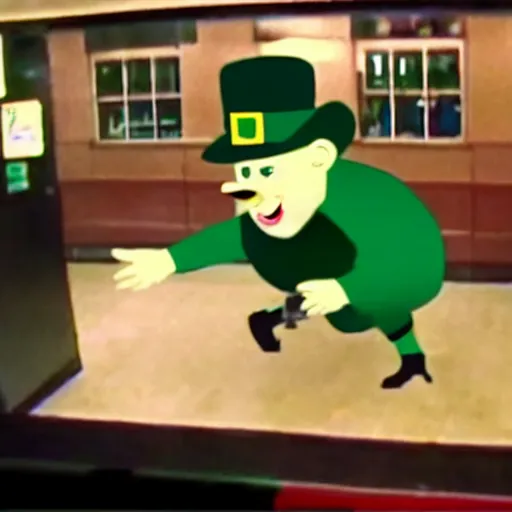 Image similar to cctv footage of a leprechaun robbing a bank