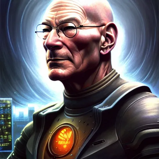 Image similar to portrait painting of a cyberpunk muscular patrick stewart with tusks, ultra realistic, concept art, intricate details, eerie, highly detailed, photorealistic, octane render, 8 k, unreal engine. art by artgerm and greg staples and elsa beskow and brian froud and jessica rossier