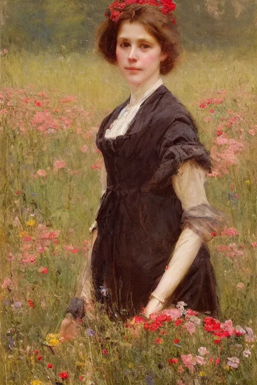 Image similar to Solomon Joseph Solomon and Richard Schmid and Jeremy Lipking victorian genre painting portrait painting of an elegant slim young cottagecore girl in an open field of flowers, red background