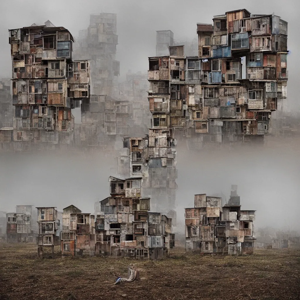 Image similar to towers made up of densely stacked makeshift squatter shacks with faded colours suspended over a quagmire, plain uniform sky at the back, misty, mamiya, ultra sharp, very detailed, photographed by julie blackmon, cristina de middel and john chiara