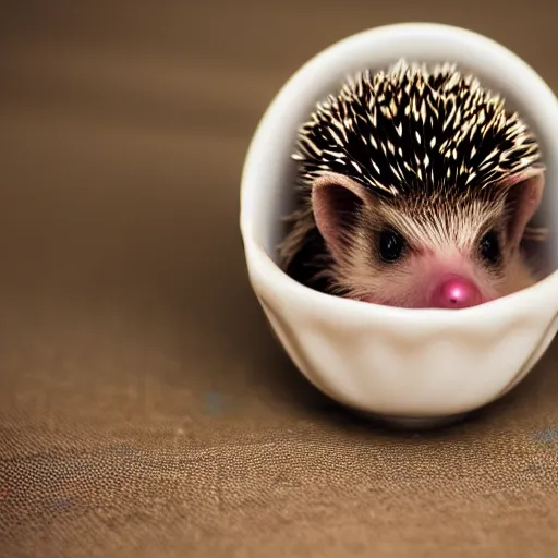 Image similar to baby hedgehog in a teacup, photography, minimalistic