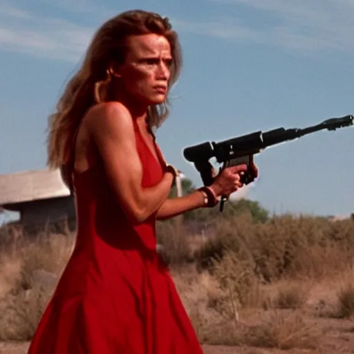 Image similar to a film still of The Terminator in a red woman dress, long shot