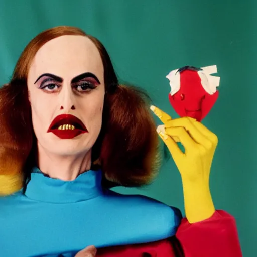 Image similar to !dream a woman wearing an inflatable mouth and holding a a hand puppet, technicolor, john waters, almodovar, expired color film, 1975