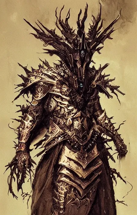 Prompt: hades in hellish ornamented armor, wearing hellish spiky war helm, beksinski, hercules concept art, weta workshop concept art