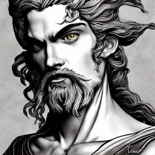 Prompt: portrait of zeus, baroque style, elegant, beautiful, mesmerizing, concept art, fancy clothing, highly detailed, artstation, behance, deviantart, inspired by innocent manga, inspired by castlevania concept art, trending, ayami kojima, shinichi sakamoto