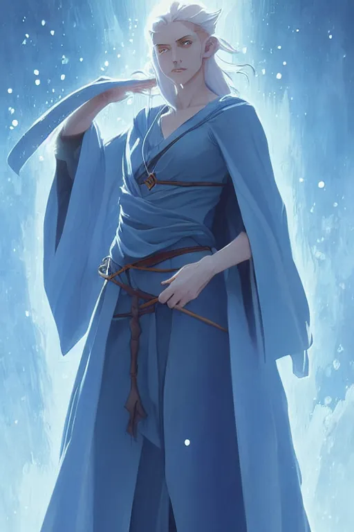 Image similar to elvish female sorcerer doing water magic spells, blue robes, red hair, finely detailed perfect face, exquisite details, mid view, design on a white background, by studio muti, greg rutkowski makoto shinkai takashi takeuchi studio ghibli