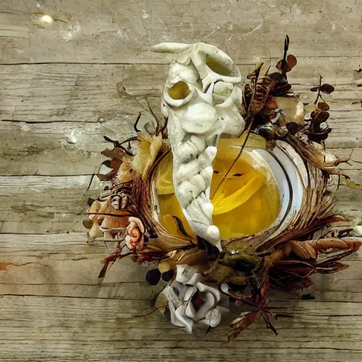 Image similar to Human flesh, bones and rusted metal arranged inside a flower vase