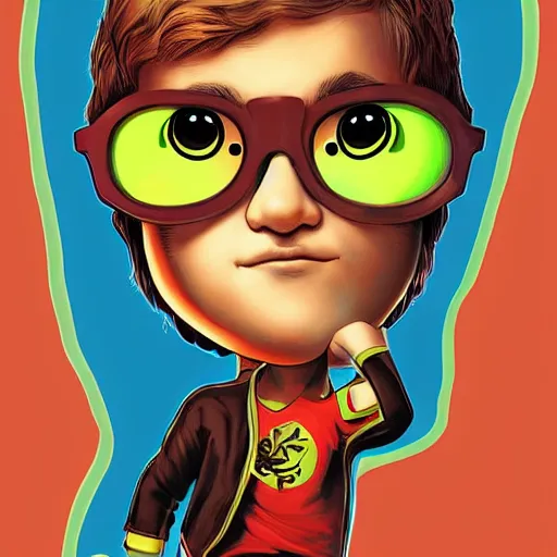 Prompt: a young man with glasses and short wavy brown hair as a super hero, pixar cute, highly detailed, sharp focus, neon color, digital painting, artwork by Jeremiah Ketner + Mati Klarwein + Fintan Magee + Chris Mars