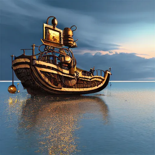 Prompt: steampunk boat floats in the sea from a port at dusk, photorealistic,hyper realistic