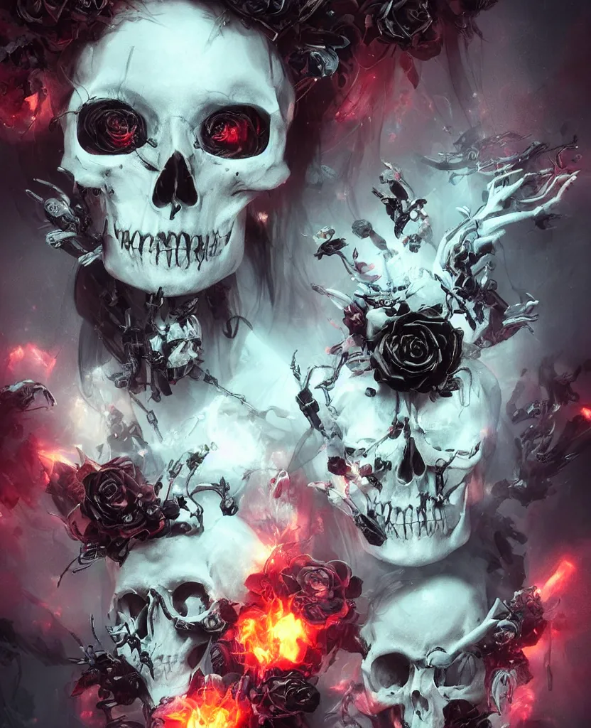 Image similar to a chaotic goddess of death skull black rose s day of the dead atmospheric, dramatic, Trending on artstation. augmentations and cybernetic enhancements neon circuits, greg rutkowski , hyperrealist, cinema4D, 8k highly detailed ❤️‍🔥 🔥 💀 🤖 🚀