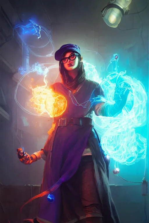 Prompt: character art by ruan jia, young beautiful round faced hyderabadi woman wearing cateye glasses and purple baseball hat, on blue fire, blue fire powers, room filled with wiring and electronics with monitors