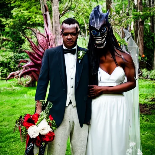Image similar to wedding photography picture of a predator ( from the predator movies ) as the groom and a xenomorph alien as the bride in an outdoor wedding ceremony