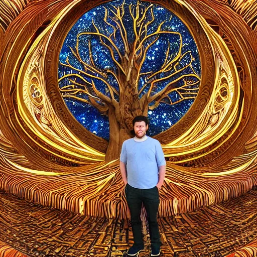 Image similar to a human man standing next to a cosmic tree, a sense of awe, amazement, monogon, plasma display, wooden, damascus, multiscopy, morph, in a symbolic and meaningful style, insanely detailed and intricate, hypermaximalist, elegant, ornate, hyper realistic, super detailed