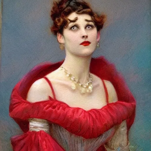 Image similar to Orville Houghton Peet and William Simpson and Jean Gautier victorian genre painting portrait painting of a young beautiful woman marverl DC comic book character fantasy costume, red background