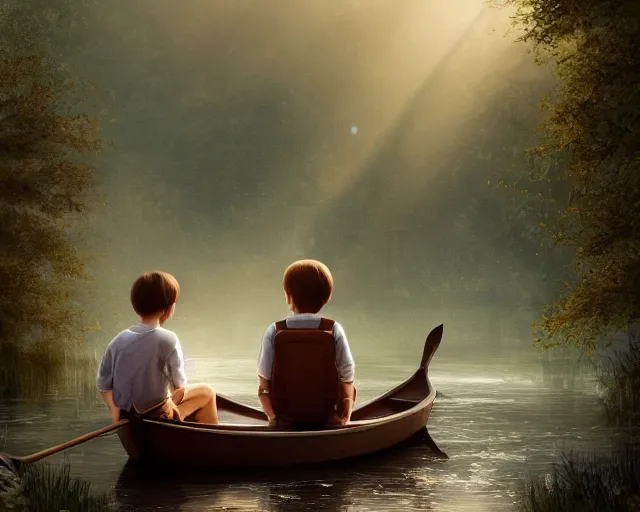 Image similar to a boy and a girl with long flowing auburn hair sitting together on the rowboat. Boy has black short hair, boy has black short hair. Atmospheric lighting, long shot, romantic, boy and girl are the focus, trees, river. Oil Painting, Trending on Artstation, octane render, Insanely Detailed, 8k, HD