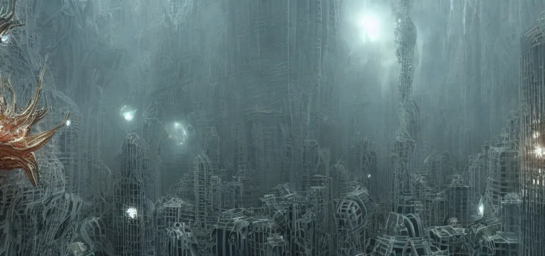 Prompt: a complex organic fractal 3 d metallic symbiotic ceramic humanoid megastructure creature invading a city, foggy, cinematic shot, photo still from movie by denis villeneuve, wayne barlowe