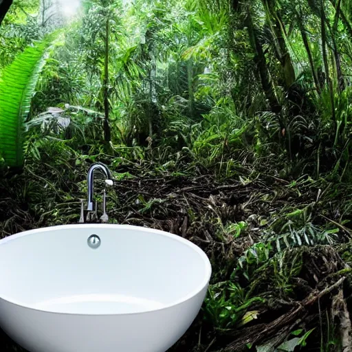Image similar to pristine porcelain bath filled with bubbles in a clearfelled jungle, slash and burn, deforestation