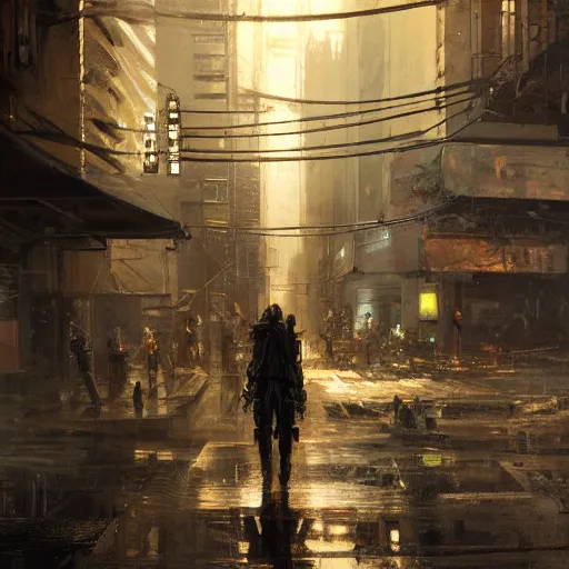 Prompt: doorway, empty sidewalk of a cyberpunk megacity, dramatic lighting, detailed background, gorgeous view, realistic, high detail, depth of field, lightrays, atmospheric, digital art, painted by jeremy mann, trending on artstation