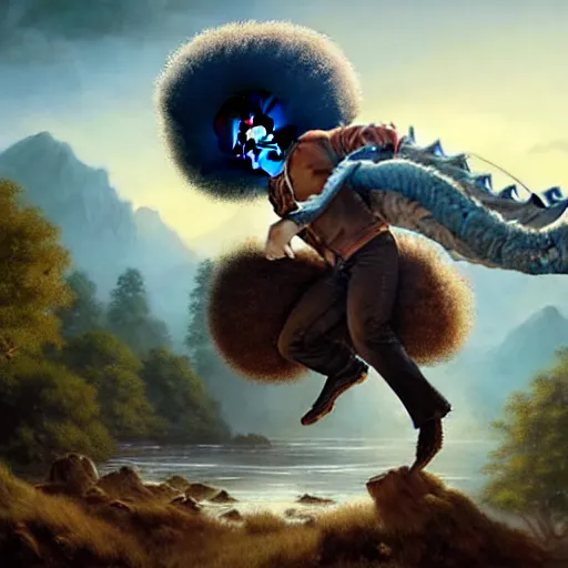 Image similar to bob ross!!! riding!!! a dragon!!, giant afro!, model pose, ultra realistic, concept art, intricate details, highly detailed, photorealistic, octane render, 8 k, unreal engine. art by artgerm and greg rutkowski and alphonse mucha