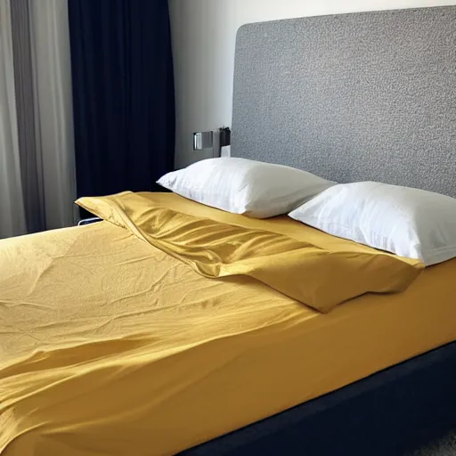 Prompt: a gold shirt resting on a bed