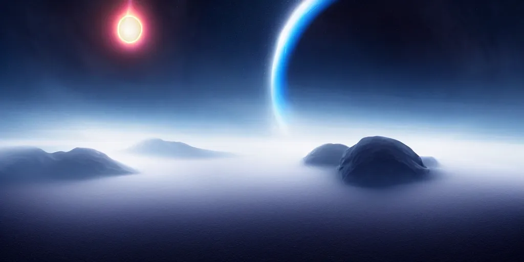 Prompt: A black hole viewed from the surface of a blue ocean planet, sparse mountains on the horizon, clouds, light fog, dramatic lighting, stunning, art by Jessica Rossier