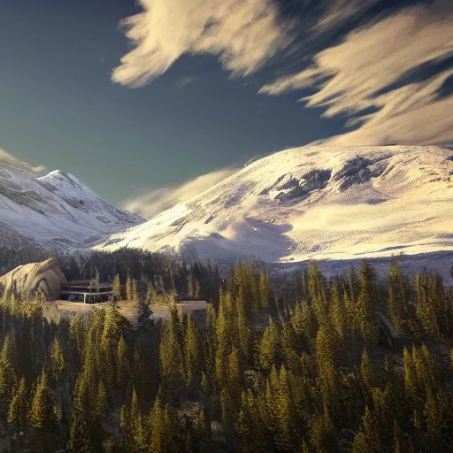 Prompt: an expansive view of a futuristic containment building in a forested valley and snow - capped mountains in the distance, national geographic, hyper realistic, 4 k, dusty light