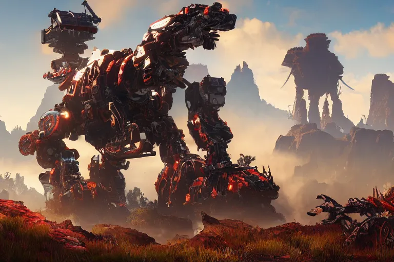 Image similar to behemoth machine mecanical creature robot of horizon forbidden west horizon zero dawn bioluminiscence global illumination ray tracing hdr fanart arstation by sung choi and eric pfeiffer and gabriel garza and casper konefal