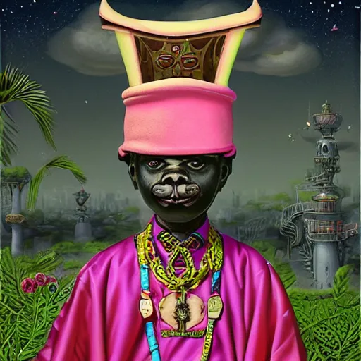 Prompt: wide angle dynamic portrait of a chibbi dogon priest in a black rose garden with a pink pond and a steampunk portal, by mark ryden and todd schorr and mark davis and thomas kinkade in a surreal lowbrow style, digital paint, matte paint, vivid synthwave colors, breathtaking landsape!!