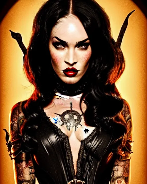 Image similar to megan fox witch queen, black eyes, blood, full body, intricate victorian dress, symmetrical eyes, rafael albuquerque, frank frazetta, moody lighting, candles