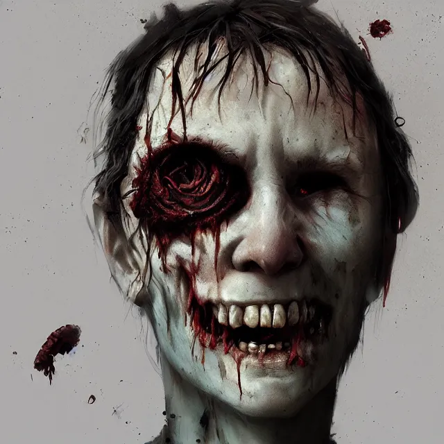 Image similar to hyper realistic photo portrait decayed smiling zombie cinematic, greg rutkowski, james gurney, mignola, craig mullins, brom redshift, vray, octane