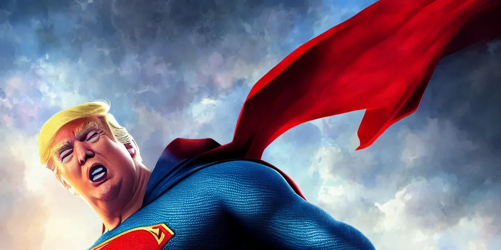 Prompt: donald trump as superman, studio portrait, detailed face close - up, art by makoto shinkai, studio ghibli, greg rutkowski, wlop, artgerm, highly detailed, 4 k, digital art, high quality