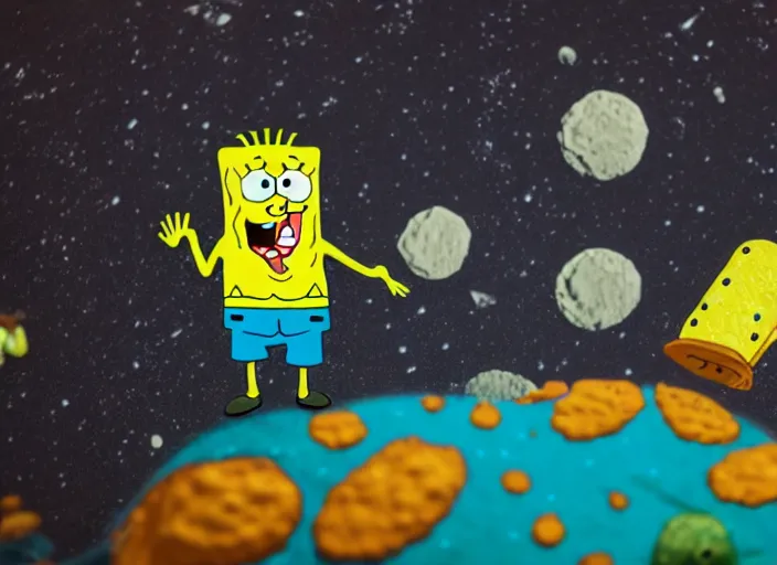 Prompt: spongebob squarepants on the surface of the moon, 8 k, bright ambient lighting key light, 8 5 mm f 1. 8