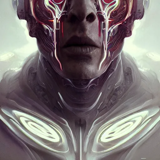 Image similar to centered front face portrait art of an ultradetailed evil neuronal cyborg, by greg rutkowski and Zdzisław Beksiński, illustration, photorealistic, 8k, intricate, futuristic, dramatic light, trending on cg society