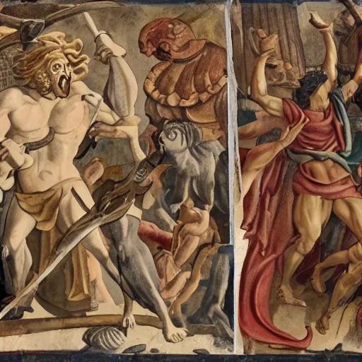 Prompt: The collage depicts the mythical hero Hercules in the moments after he has completed one of his twelve labors, the killing of the Hydra. Hercules is shown standing over the dead Hydra, his body covered in blood and his right hand still clutching the sword that slew the beast. His face is expressionless, betraying neither the exhaustion nor the triumph that must surely accompany such a feat. by Rob Gonsalves harrowing, harrowing