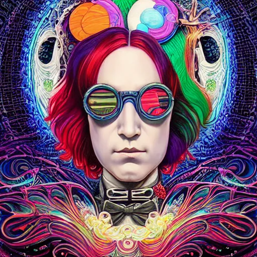 Prompt: dream a portrait of willy wonka, hyper detailed masterpiece, neon geometric floral pattern, jean giraud and amanda sage, digital art painting, darkwave goth aesthetic, psychedelic, artgerm, donato giancola, studio ghibli and tom bagshaw