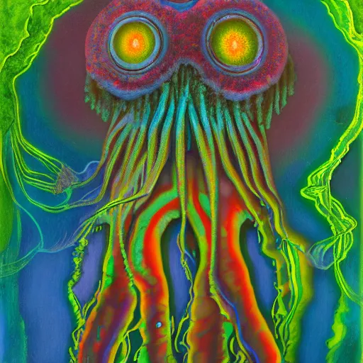 Prompt: Hyperrealistic intensely colored Studio wet collodion Photograph portrait of a deep sea psychedelic bioluminescent squid deep underwater in darkness long exposure, award-winning nature deep sea expressionistic impasto heavy brushstrokes oil painting by Fabian Marcaccio and Jean Dubuffet and Audubon vivid colors hyperrealism 8k