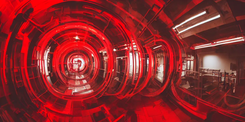 Prompt: noisy color photograph of a retrofuturist liminal space, laboratory, red lights, minimalist, cinematic, fish eye lens, soft vintage glow