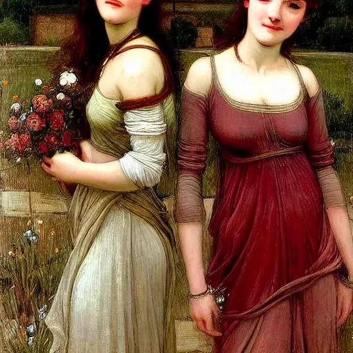 Image similar to two very very very beautiful women standing in front of a truck, smiling, flirty, perfect face, perfect body, digital art by john william waterhouse