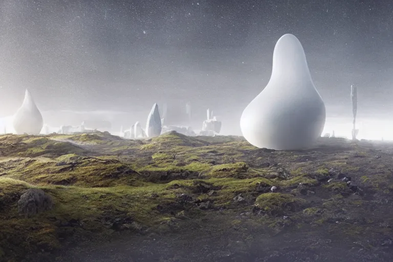 Prompt: several white future cyberpunk egg shaped buildings shine on a barren mossy mountain in iceland, and many wild animals, by hiroshi sugimoto and paul lehr and john schoenherr and john harris