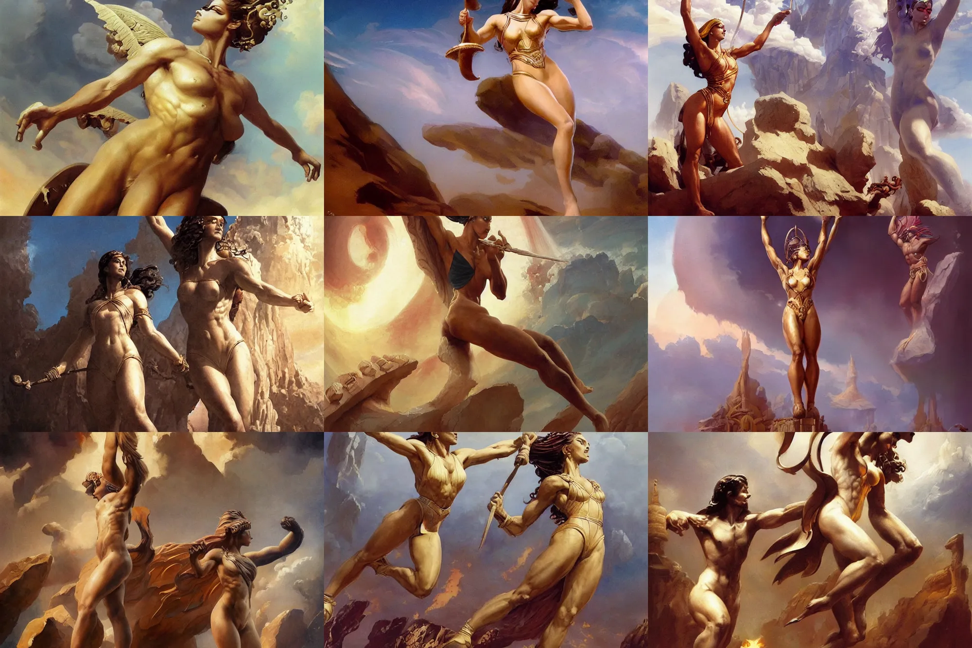 Prompt: A goddess competing in the first olympic games, by Boris Vallejo, Greg Rutkowski, Frank Frazetta, epic fantasy character art, very very beautiful, olympus, Exquisite detail, post-processing, masterpiece, cinematic, coliseum