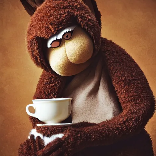 Prompt: a fluffy brown rabbit muppet wearing monk garb and holding a wolf skull mask and sat beside a cup of tea, photorealistic, nature, photography, national geographic, sesame street